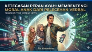Ilustrasi ketegasan seorang ayah melindungi istri dan anak dari ancaman pelecehan verbal di media sosial dengan perisai cahaya bertuliskan ayat Al-Qur'an Surah At-Tahrim ayat 6. - thewasesanews.com