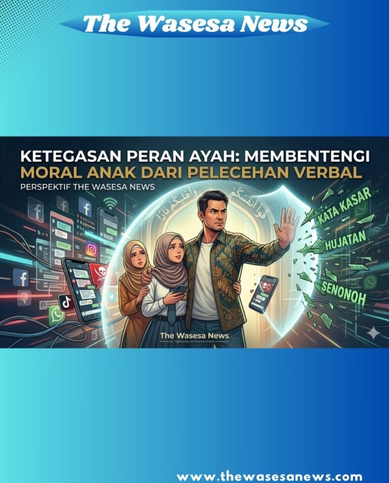 Ilustrasi ketegasan seorang ayah melindungi istri dan anak dari ancaman pelecehan verbal di media sosial dengan perisai cahaya bertuliskan ayat Al-Qur'an Surah At-Tahrim ayat 6. - thewasesanews.com