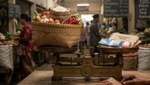 Visualisasi kebijakan pro rakyat melalui timbangan ekonomi di pasar tradisional Nusantara yang membandingkan beban harga pangan dengan dokumen pajak dan Rupiah.