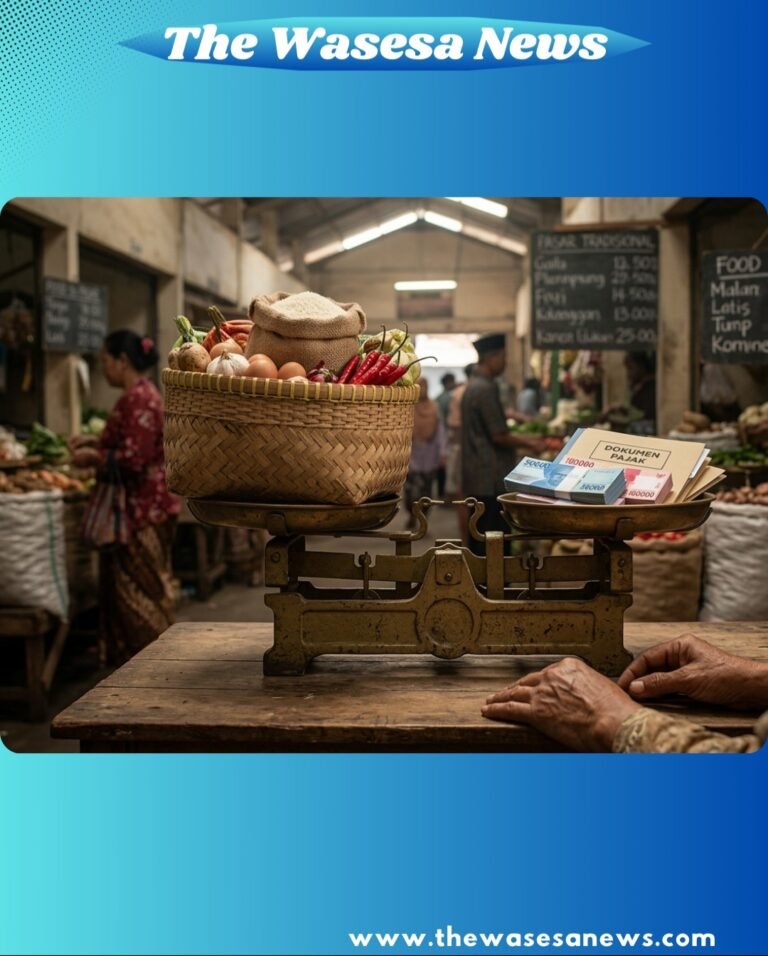Visualisasi kebijakan pro rakyat melalui timbangan ekonomi di pasar tradisional Nusantara yang membandingkan beban harga pangan dengan dokumen pajak dan Rupiah.