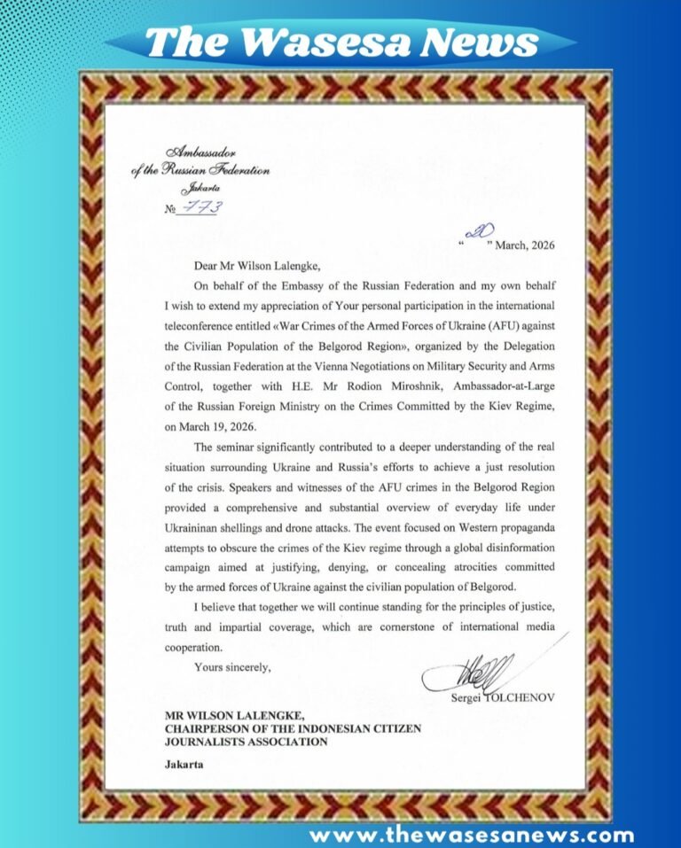 Duta Besar Rusia Sergei Tolchenov kirim surat ucapan terima kasih untuk PPWI. - thewasesanews.com