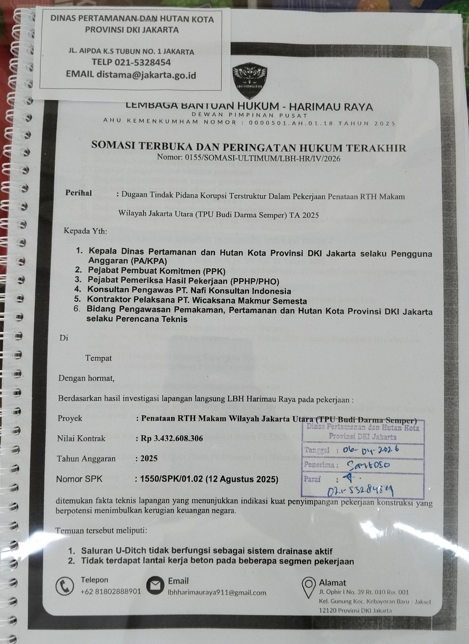 Investigasi lapangan LBH Harimau Raya terkait dugaan Korupsi TPU Semper Jakarta Utara yang mengalami kegagalan fungsi sistem drainase. - thewasesanews.com