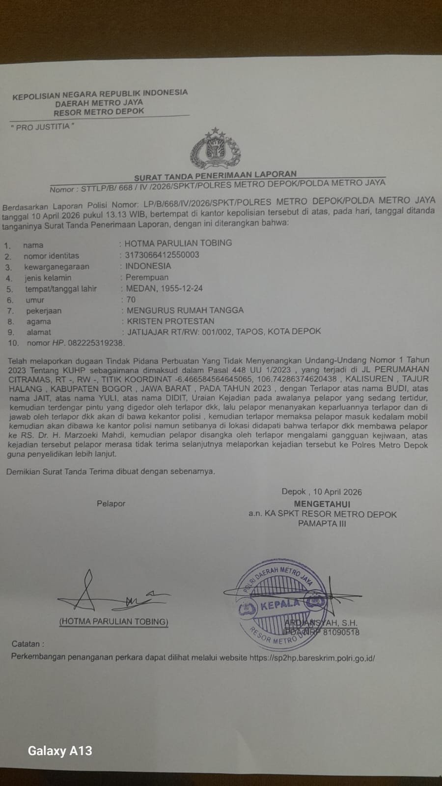 Tim Investigasi GAKORPAN dampingi Kasus Ny Hotma Parulian Tobing di Polres Metro Depok. - thewasesanews.com