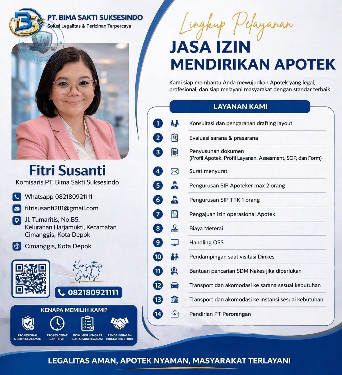 Komisaris PT Bima Sakti Suksesindo Fitri Susanti menyediakan jasa pengurusan izin mendirikan apotek di Depok. - thewasesanews.com