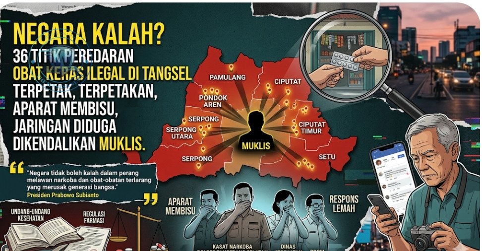 Infografis dugaan 36 titik peredaran obat keras ilegal tipe G di Tangerang Selatan yang diduga dikendalikan jaringan berinisial M. - thewasesanews.com