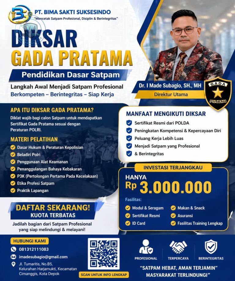 Brosur Pendidikan Dasar Gada Pratama Satpam Profesional PT Bima Sakti Suksesindo di Depok dengan foto Direktur Utama Made Subagio. - thewasesanews.com