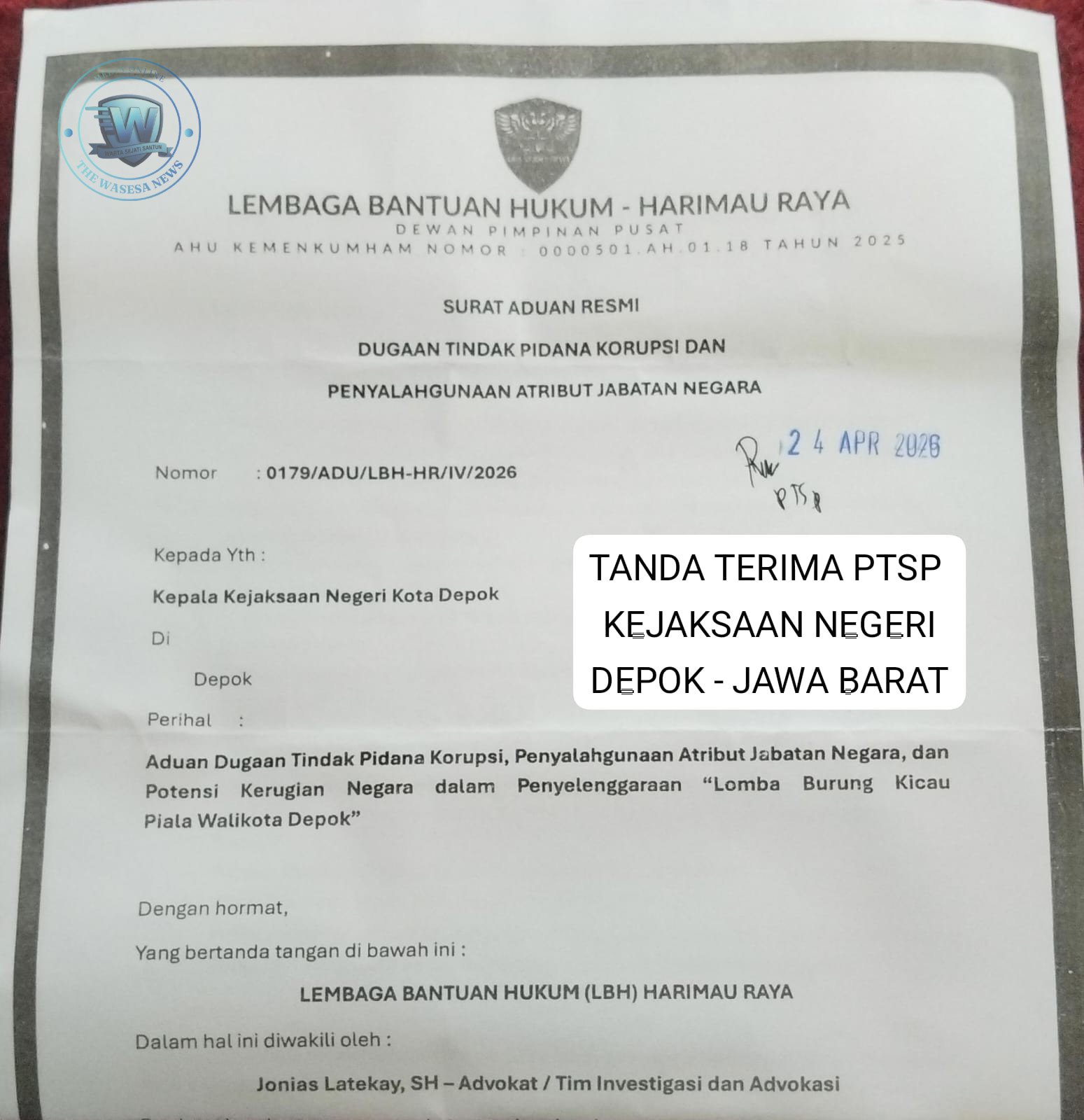 LBH Harimau Raya Laporkan Dugaan Korupsi Lomba Burung Piala Walikota Depok ke Penegak Hukum. - thewasesanews.com