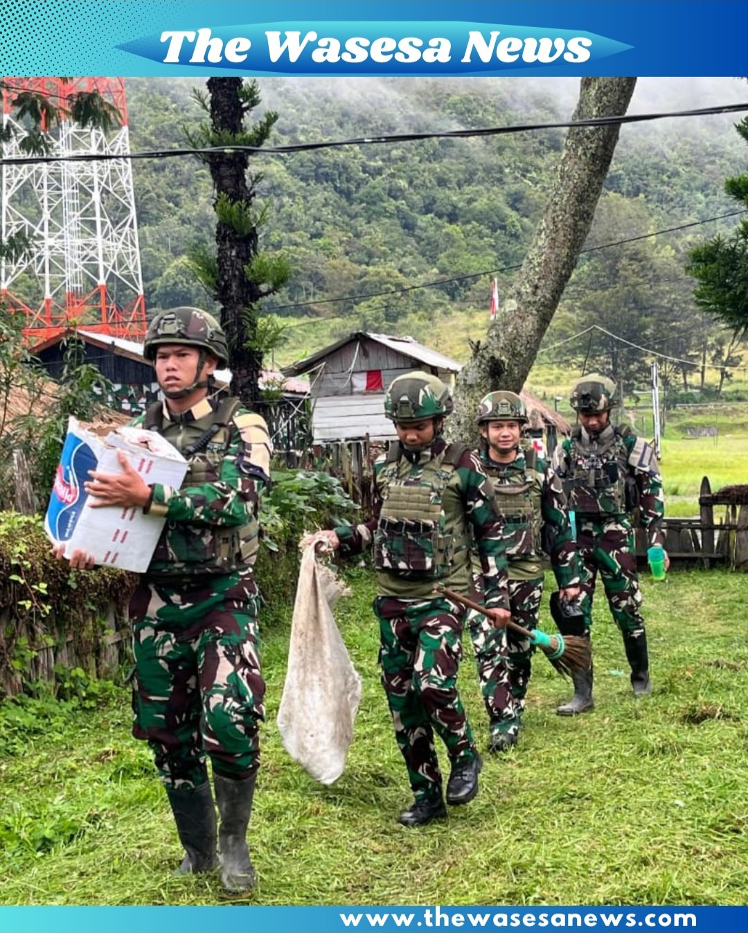 Prajurit Satgas Yonif 521/DY bersama anak-anak dan warga bergotong royong membersihkan rumput liar di jalan utama Kampung Bolakme Papua Pegunungan pada 10 April 2026. - thewasesanews.com
