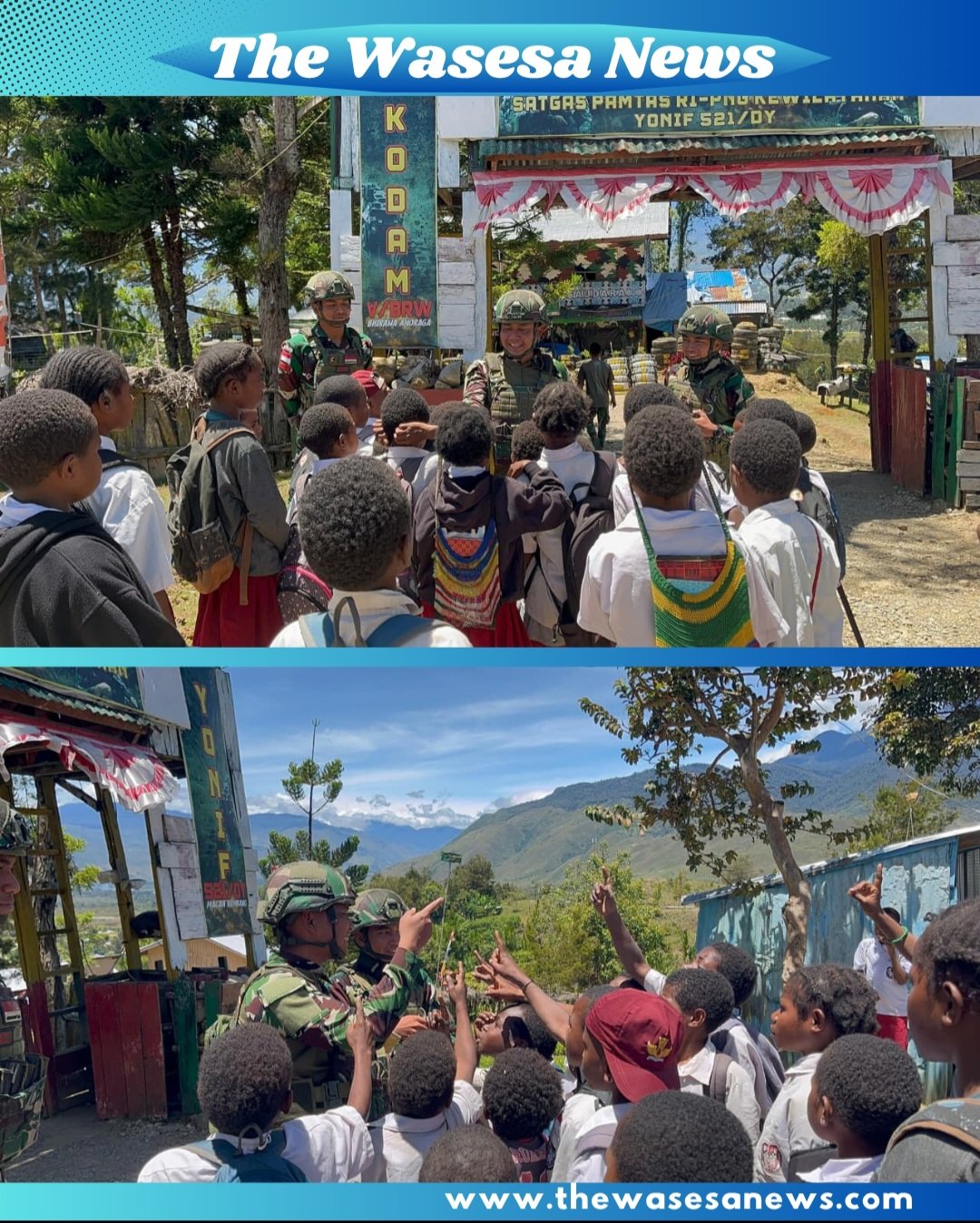 Prajurit Satgas Yonif 521/DY membagikan buku bacaan kepada anak-anak sekolah di Distrik Napua Papua Pegunungan guna tingkatkan literasi. - thewasesanews.com