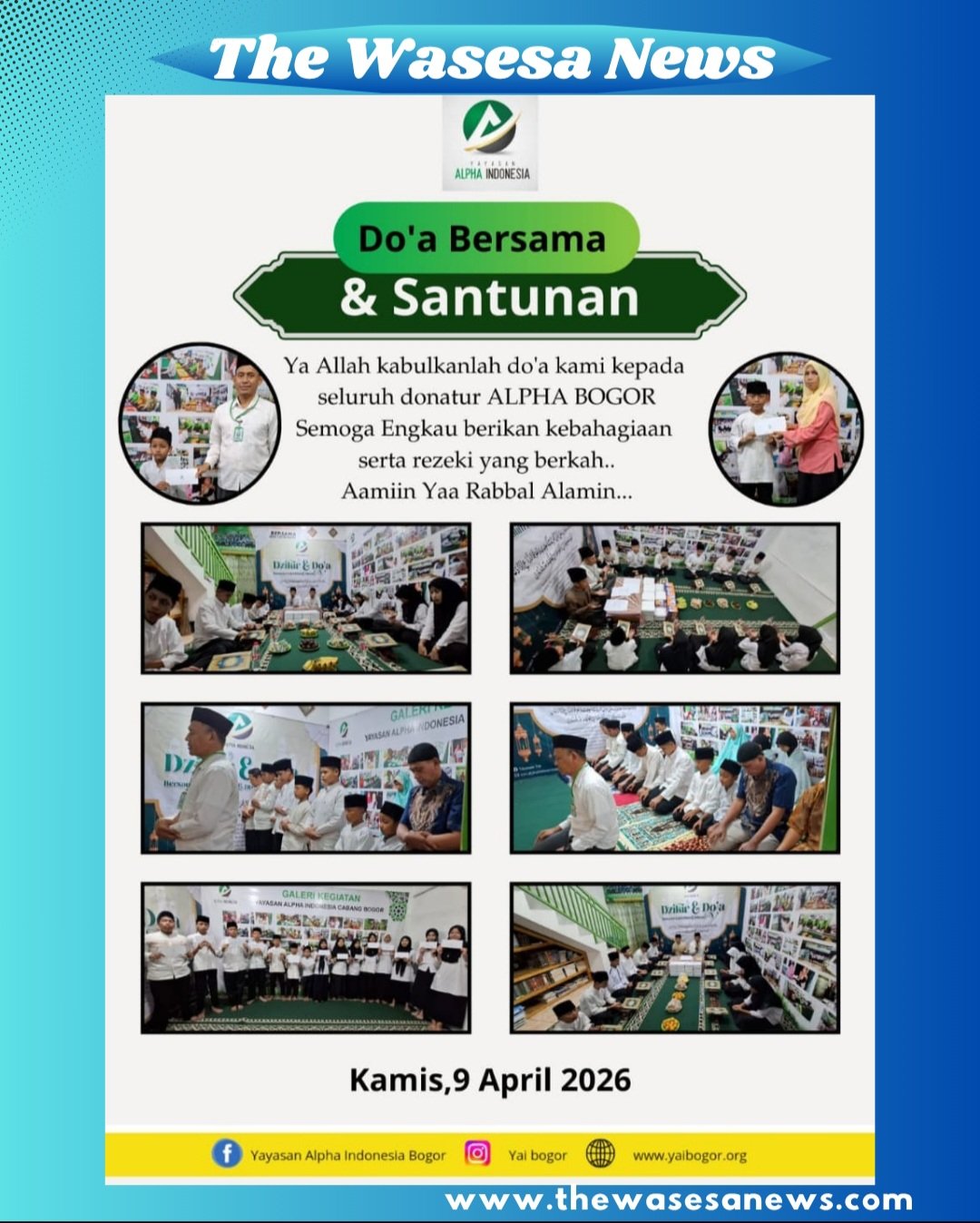 Anak-anak binaan YAI Bogor sedang melakukan tadarus Alquran dan doa bersama untuk para donatur dalam acara santunan pekanan 9 April 2026. - thewasedanews.com