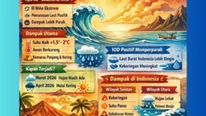 Infografis penjelasan fenomena Godzilla El Nino April 2026 menurut BRIN mengenai dampak kekeringan di Indonesia. - thewasesanewd.com