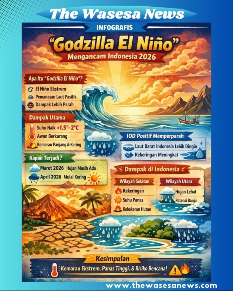 Infografis penjelasan fenomena Godzilla El Nino April 2026 menurut BRIN mengenai dampak kekeringan di Indonesia. - thewasesanewd.com