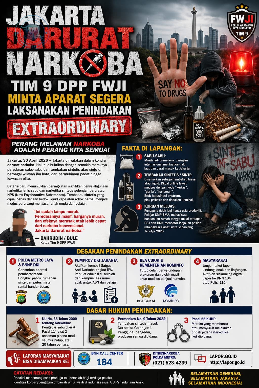 FWJI Desak Penindakan Extraordinary Jakarta Darurat Narkoba. - thewasesanews.com