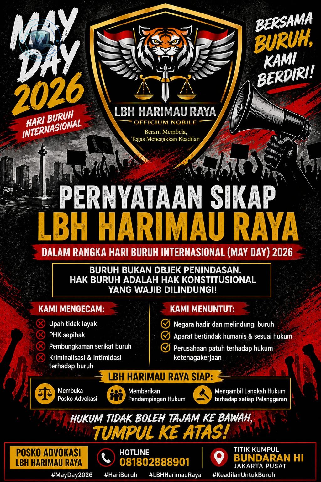 Pernyataan Sikap LBH Harimau Raya May Day 2026 Bela Buruh. - thewasesanews.com