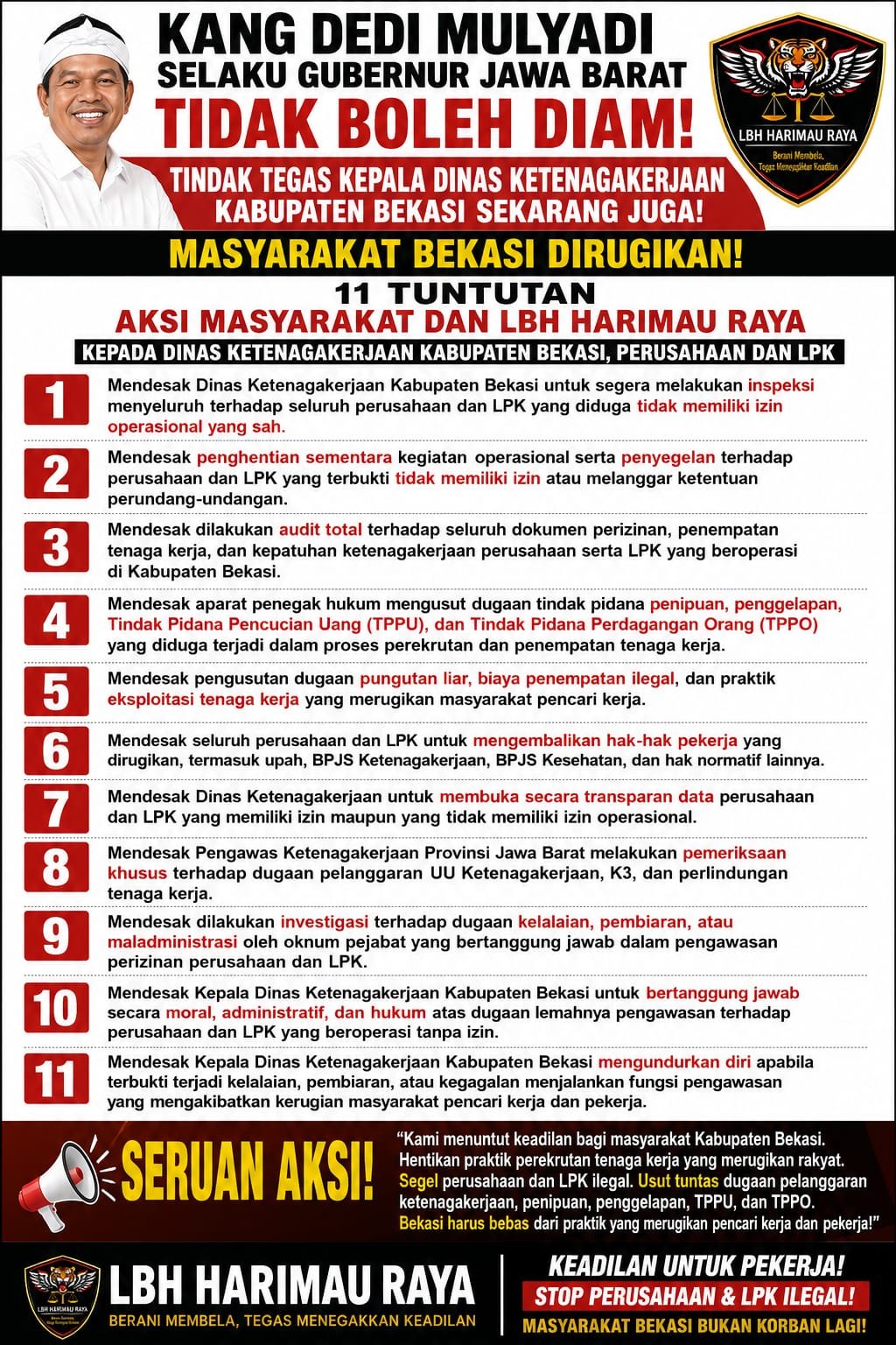 LBH Harimau Raya Layangkan Sebelas Tuntutan ke Disnaker Bekasi. - thewasesanews.com