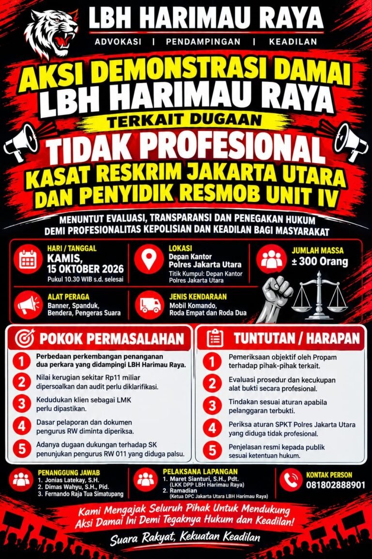 LBH Harimau Raya Akan Gelar Aksi Damai di Polres Jakarta Utara. - thewasesanews.com