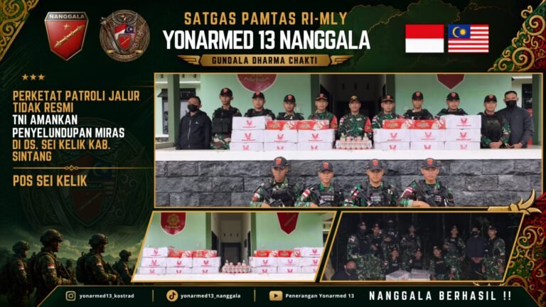 Satgas Pamtas Yonarmed 13/Nanggala menggagalkan penyelundupan 20 dus miras ilegal asal Malaysia di Desa Sungai Kelik, Kabupaten Sintang.